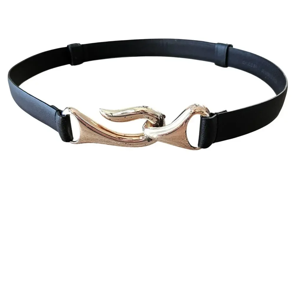 Chico's Black Leather Slide Adjustable Rose Gold Tone Hardware Belt Medium/Large